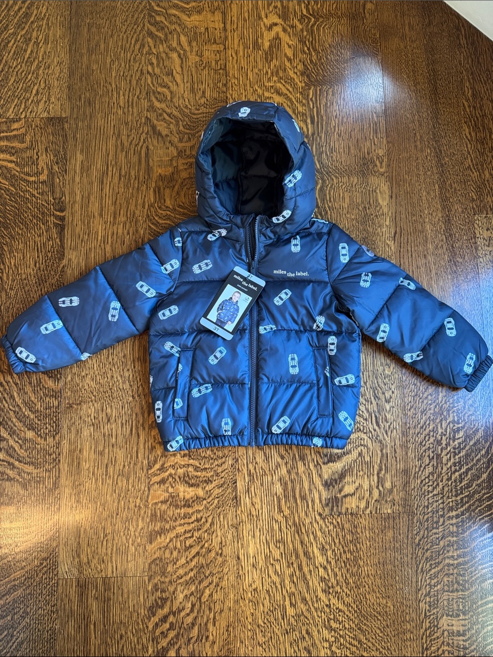 Miles the Label Navy Puffer Jacket with Car Print for Kids